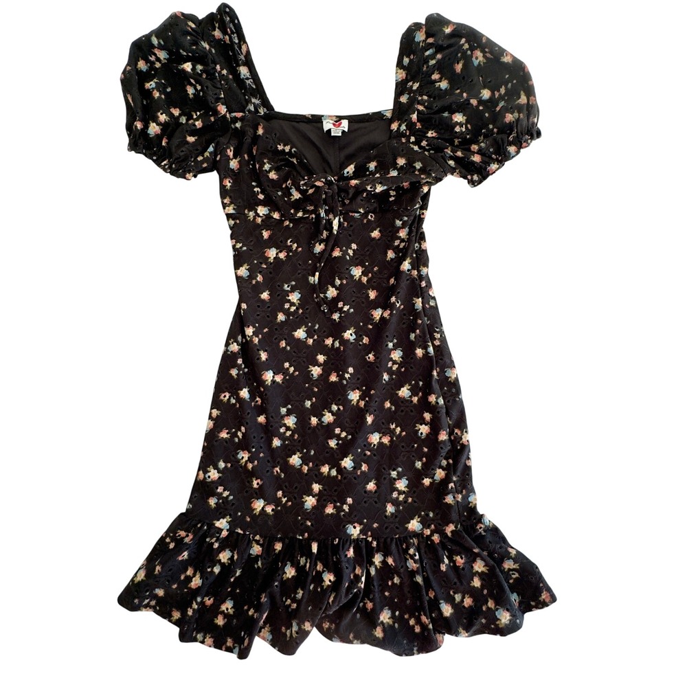 Heart & Heels Black Floral Eyelet Puff Sleeve Mini Dress SX03FJ44 Small